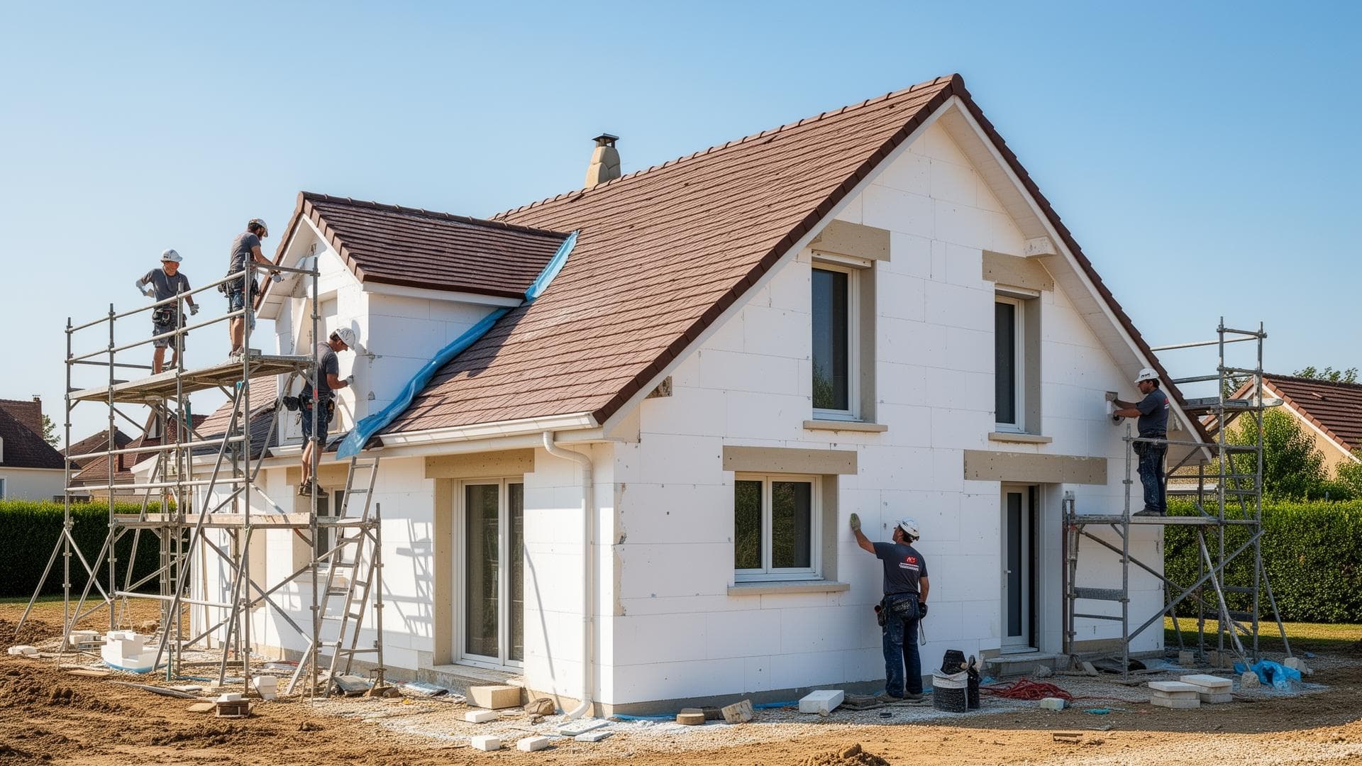 Maison sous échafaudage pendant la pose d'une isolation par l'extérieur